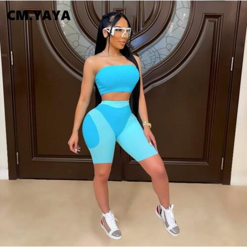 CM.YAYA Women Set Patchwork Sleeveless Strapless Crop Tops Skinny Shorts Two 2 Piece Sets Tracksuit Summer Outfit Fashion 2021