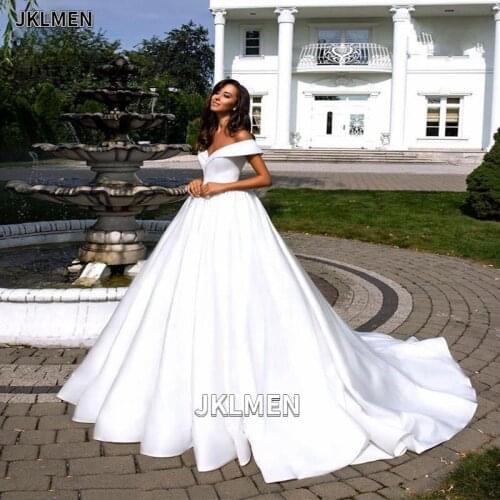 Simple White Satin Wedding Dress Boho Off The Shoulder Lace-up Back Bridal Gown Plus Size Wedding Gowns Vestidos De Mariee