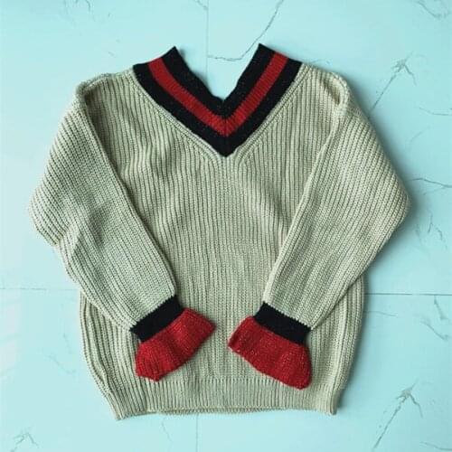 Winter Sweaters For Women Korean Style Vintage Striped Patchwork V Neck Flare Sleeve Knitted Pullover Khaki Knitwear Tops