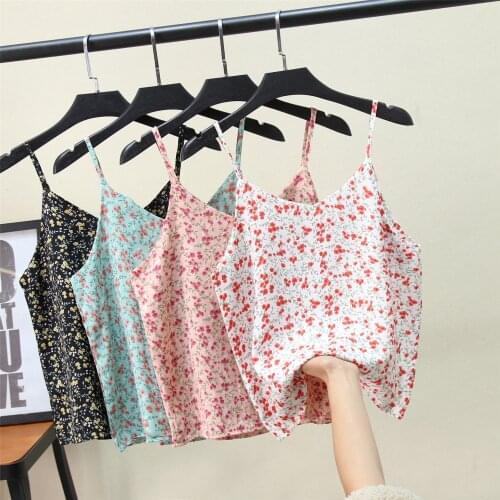 2021 V Neck Summer Chiffon Crop Top Women Casual T Shirt Floral Spaghetti Strap Sexy Y2K Backless Tank Tops Off Shoulder