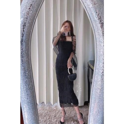 2021 New Women Dresses Summer Black Square Collar Maxi Long Sleeve Lace Robes Vestidos Party Holiday Elegant Office Lady Clothes