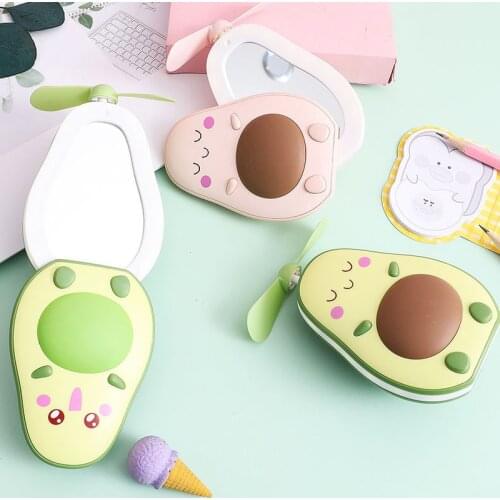 Avocado Shape Makeup Mirror Portable Three Way Fill Light Make-up Mirror Handheld Mini Air Cooler Fan with Fill Light Mirror USB