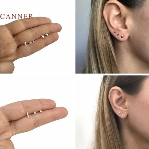 CANNER Earrings For Women 925 Sterling Silver Pendientes 1 Set Of 3Pc Mini Star Moon Ball Mini Piercing Stud Earrings Jewelry