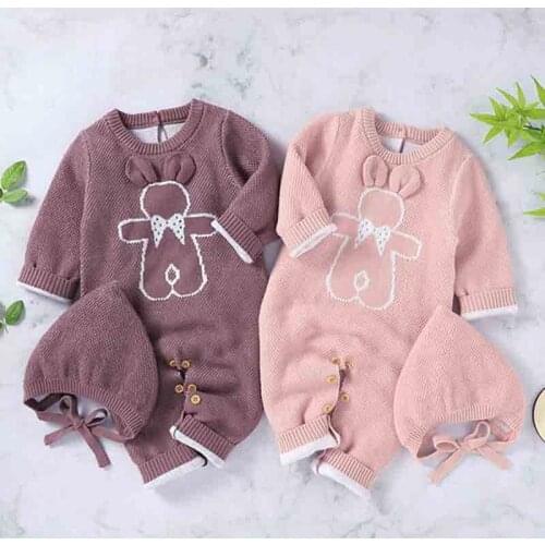 Baby Knitted Rompers Long Sleeve Newborn Winter Autumn Warm Clothes Baby Girl Boys Jumpsuit Hat Set Infant Jumpsuit Knit Sweater