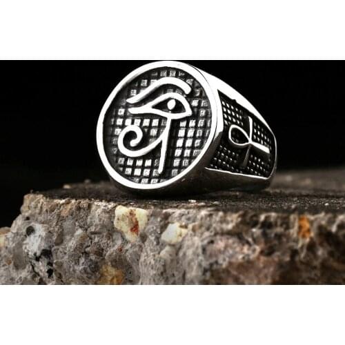 Vintage Egyptian Pharaoh Horus Eye Ring Punk Hip Hop Biker Mens Cross Ring Stainless Steel Jewelry Gift Wholesale Size 7-13