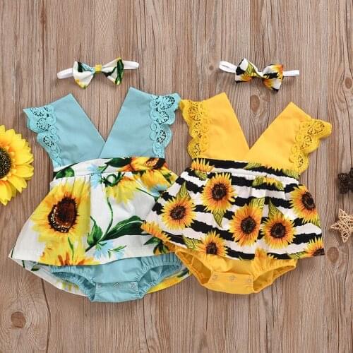 3M-18M Infant Jumpsuit Baby Girls Sleeveless Sunflower Print Lace Romper Bodysuit Dress+Headband Summer Baby One Piece Outfits