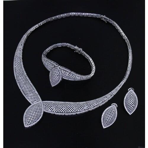 Vintage New Women Engagement Jewelry Sets White color with Cubic zircon 4 pcs sets ( necklace + bracelet + earrings+Ring)