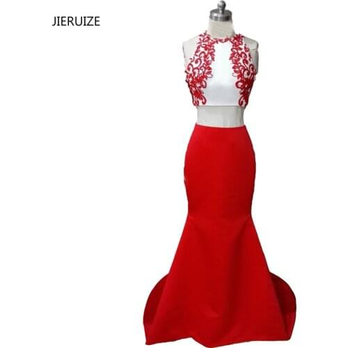 JIERUIZE Red Two Piece Prom Dresses Lace Appliques Mermaid Evening Party Dresses 2 piece prom dress vestidos de baile
