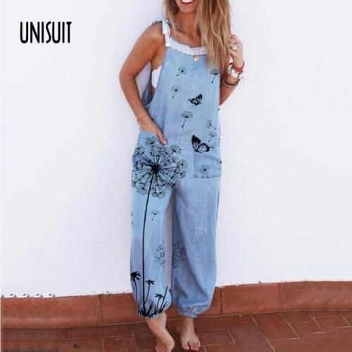 Fashion Strap Loose Jumpsuits Women Summer Casual Denim Color Romper Autumn Printed Sleeveless Pocket Streetwear Female Overalls