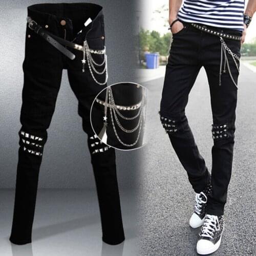 Mens Punk hip hop Black Jeans Lap Hip Rivet Slim Fit Biker Denim Pants Boys Singer Stage Ripped Skinny Jeans With Belts & Chains