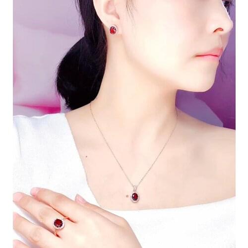 New Design Anniversary Best Gift Natural Garnet Jewelry Set 1pc Ring 1pc Pendant 1pair Earrings 925 Sterling Silver High Jewelry