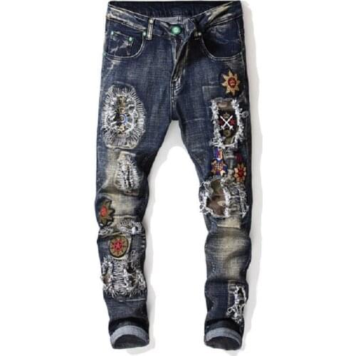 Autumn Winter Mens Patchwork Ripped Embroidered Stretch Jeans Trendy Holes Straight Denim Trouers Stretch Biker Jeans For Men