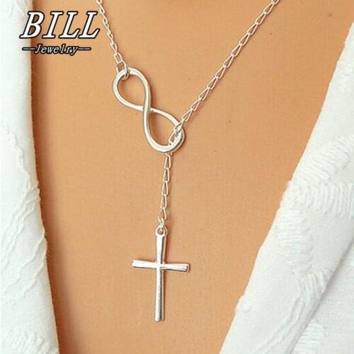 N606 Personality Infinity Cross Lariat Pendant Necklaces Silver Plated European Collares Necklace Forever Faith Necklace Jewelry