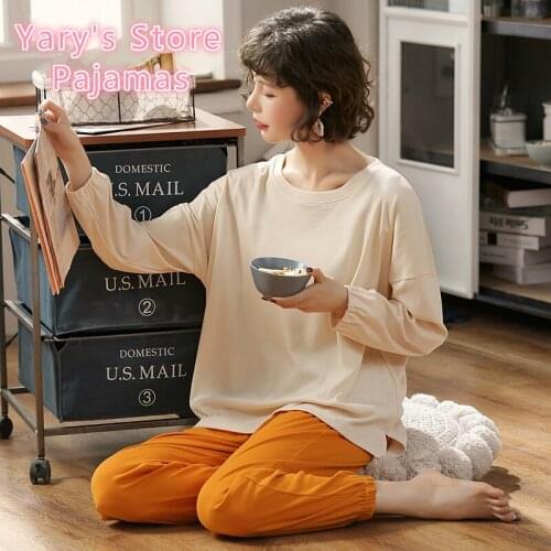 Pajama Long Sleeve Spring&Autumn Pure Color Pure Cotton Korean Version Can Wear Home Wear Students Sweet and Lovely Cotton Suit