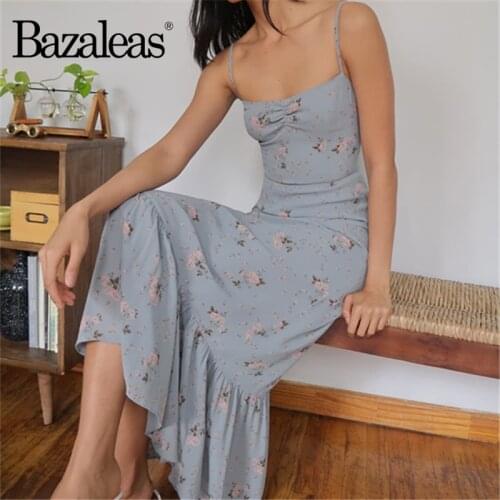 Bazaleas Eleagnt Ruched Long Dress Vintage Pink Floral Print Blue Summer Dress Elastic Party women dress Ruffles vestido