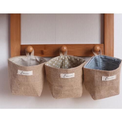 Hanging Storage Bag Fabric Jute Desktop Storage Bucket Home Office Organizer Flower Pot Small Sack Bathroom Kitchen Basket