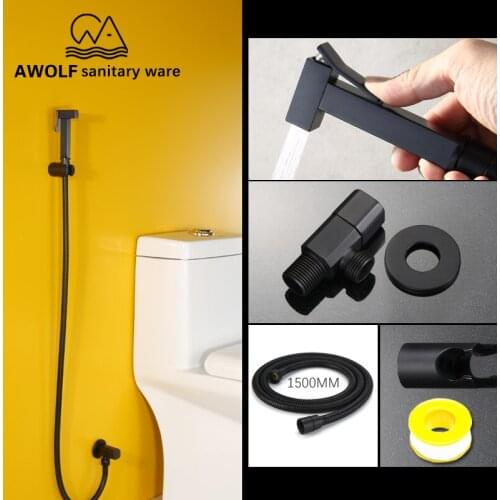 Toilet Hand Held Bidet Sprayer Black Square Douche Kit Shattaf Jet Brass Copper Valve Set Bathroom Shower Head Faucet Tap AP2116