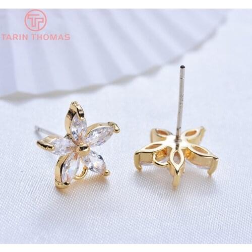 4PCS 11MM 24K Gold Color Plated Flower with Zircon Stud Earrings High Quality DIY Jewelry Making Findings