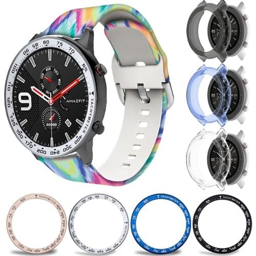20/22mm Printing Silicone Watchband For Xiaomi Huami Amazfit GTR 47/42mm Bezel Ring Dial Scale Steel ring TPU protective case