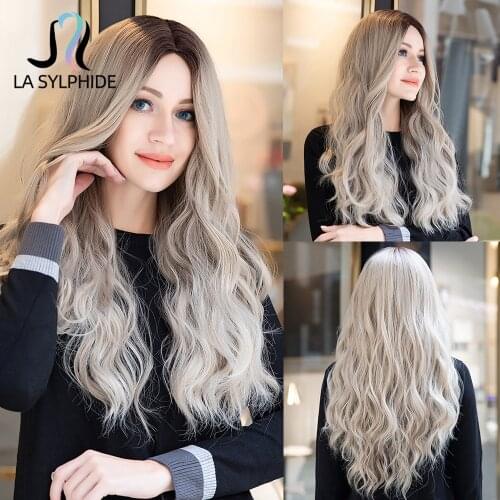 La Sylphide Synthetic Wig Long Wave Root Brown Ombre Gary Ash Blonde Middle Part Hair Wigs for Black White Woman Daily Cute Wigs