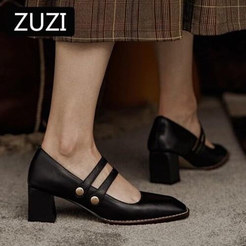 ZUZI Square Toe Single Shoes Womens Thick Heel 2021 Spring New Loafers Womens High-heeled Temperament Work Shoes Pumps