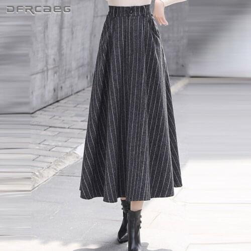 Vintage Striped Woolen Long Skirt Women 2020 High Waist Warm A-Line Wool Skirt Long Female Saia Longa Black