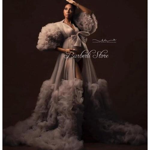 2021 Vintage Puffy Ruffle Tiered Tulle Long Maternity Dress Half Sleeve Photo Shoot Baby Show Trendy Fluffly Mesh Maternity Robe