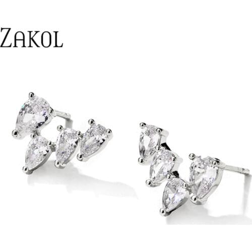 ZAKOL Luxury Symmetrical Water Drop Cubic Zirconia Earrrings Two Colors Wedding Party Simple Stud Earring Jewelry Gifts