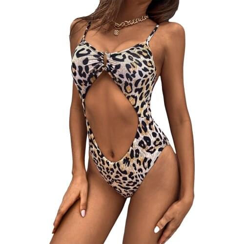 Womens Leopard One-piece Swimsuits Sexy Low Open Neck Hollowed Backless Sling Swimwear 2021 New Ladies Beachwear