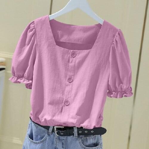 Shirts Women 2021Summer New Arrival Harajuku Simple Retro Puff Sleeve Square Collar Crop Tops Womens Tunic Tide All-match Daily