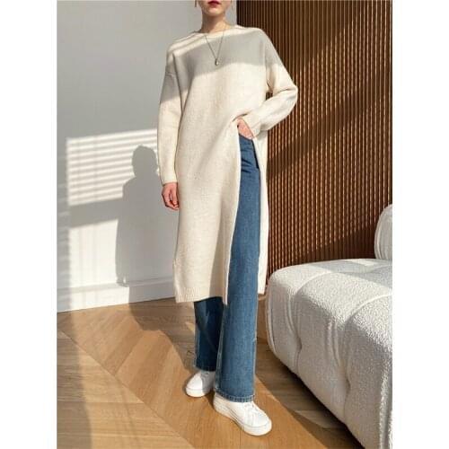 [ZAYAU]Autumn and Winter New Sweater Coat womens Simple Lazy Medium Length Knitted Split Pullover Dress