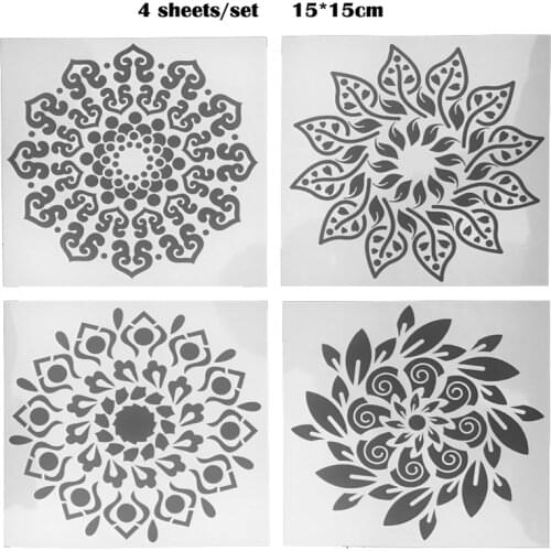 4pc Stencil DIY Drawing Mandala Style Laser Cut Wall Painting Template Wood Floor Tiles Fabric Office School Supplies Reusable