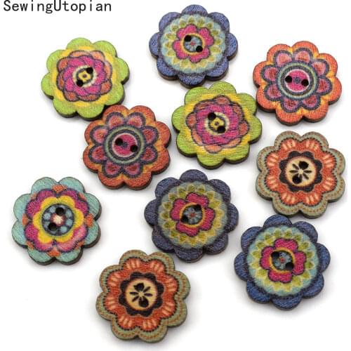 50PCS 2 Hole Dark Mixed Flower Wood Buttons Sewing Scrapbooking Decor Home Clothing Handmade DIY 20mm