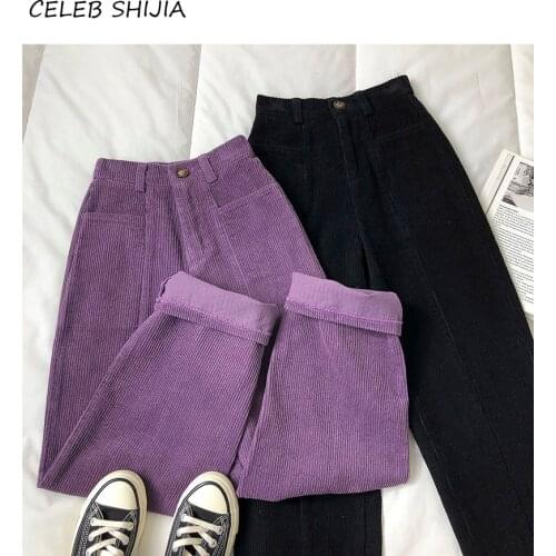Spring Corduroy Trousers Woman Pants Elastic Waist Purple Solid Straight Leg Pants Autumn Chic Loose Harajuku Pants Woman Bottom