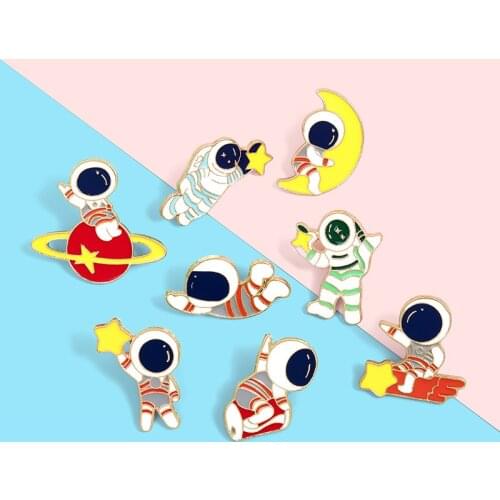 Astronaut Baby Enamel Pin Custom Travel in Space Brooches Bag Lapel Pin Badges Planet Moon Star Meteor Jewelry Gift for Kids