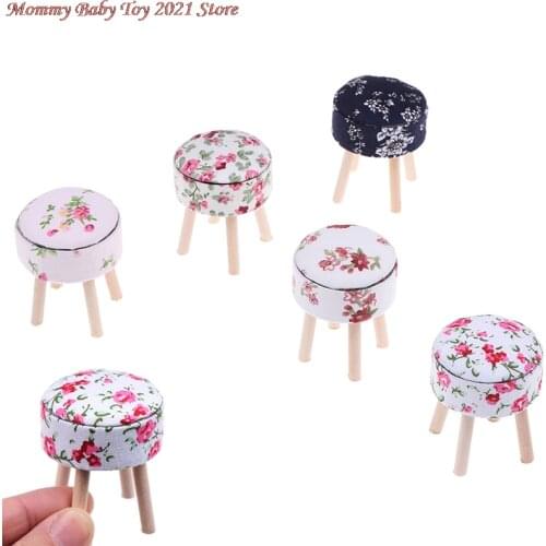 Round Floral Stool Chair ACC for Dolls House Decor Kids Children Pretend Play Toy 1/12 Scale Dollhouse Miniature Furniture