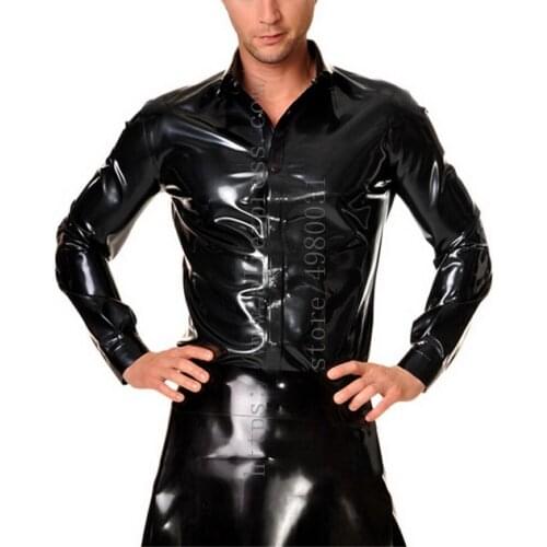 Cool metallic black shirts mens latex blouse long sleeve design what is made of 0.4mm natural & flexible latex materials