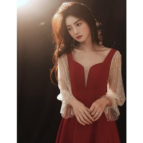 2020 Hot Sell Sweet Elegant Bride Wedding Banquet Gown Vintage Burgundy Evening Party Ball Dress