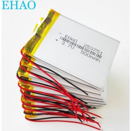 Wholesale 10 pcs 253751 3.7V 500mAh Lithium Polymer LiPo Rechargeable Battery cells For Mp3 Camera Smart watch GPS Video Game
