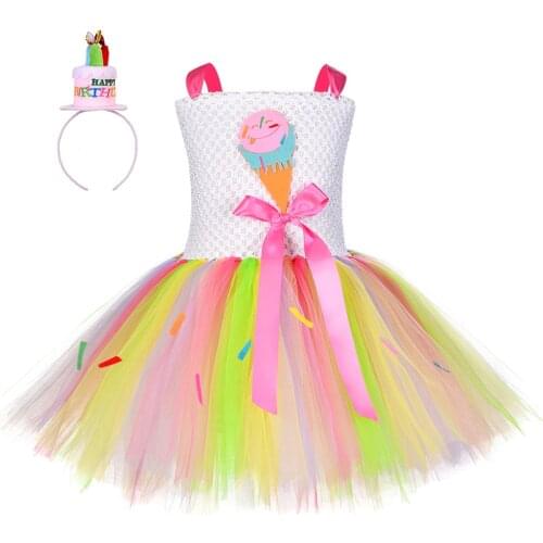 Sweet Ice Cream Children Girls Tutu Dress Colorful Rainbow Candy Kids Birthday Party Dresses For Girls Halloween Holiday Costume
