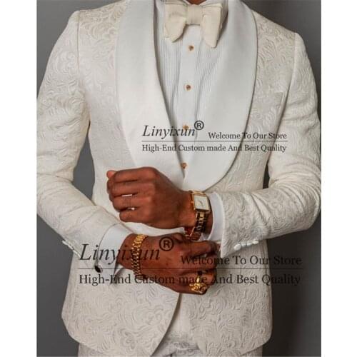 Ivory Floral Jacquard Wedding Tuxedo for Groomsmen 2 piece Slim fit Men Suits with Shawl Lapel African Male Costume Homme