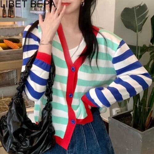 New 2021 Womens Autumn Winter Sweaters V-Neck Buttons Cardigans Knitwear Korean Striped Vintage Elegant Wild Lady Top SWC1376JX