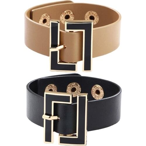 Kiryklle 2021 New Bangle Fashion Wide Leather Bracelet for Women Black Geometric Metal Bracelet Wrap Charm Jewelry Femme Gift