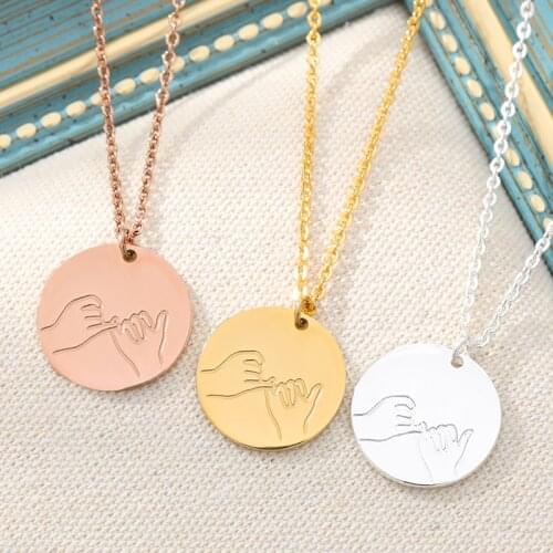 Engraved Gesture Necklace Hand Jewelry Stainless Steel Round Pendant Cute Sign Language Necklace Best Friends Gifts