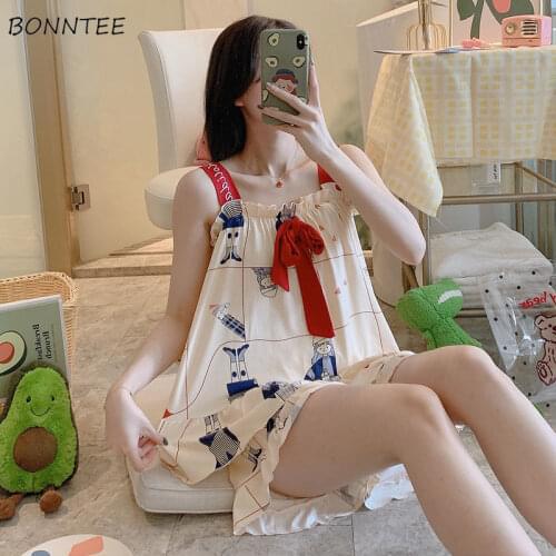 Pajama Sets Women Comfortable Summer Chic Sexy Spaghetti Strap Girls Sleepwear Sweet Printed Trendy Womens Two Piece Nightwear