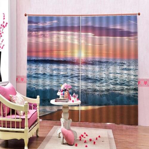 Mediterranean style Blackout Curtain Bedroom Indoor Decor Sets Blue Ocean / Sunset / Waves / Lakeview / Seaside Scenery