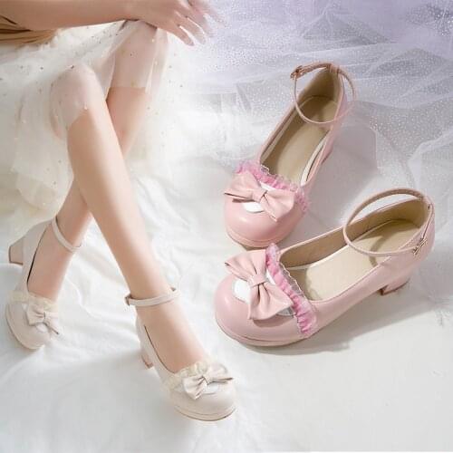 YQBTDL 2020 Sweet Lovely Princess Lolita Shoes Chunky Block High Heels Pumps Bowtie Lace Pink White Party Womens Shoes Summer