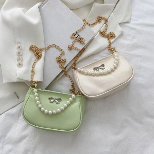 Vintage Bowknot Solid Color Small Crossbody Bags For Women PU Leather Shoulder Messenger Bag Ladies Casual Pearl Chain Handbags