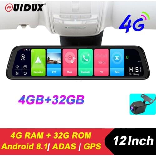 QUIDUX 12Inch 4G LTE Car Rearview Mirror Camera ADAS Android 8.1 DVR GPS Navigation 1080P Dash Cam Video Recorder 4G RAM 32G ROM