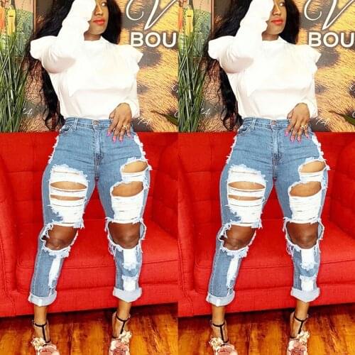 Lady Fashion Pants High Waist Ripped Jeans Womens Slim-Fitting Fashion Casual Pants 2021 Spring Summer New Style Ladies' Pants